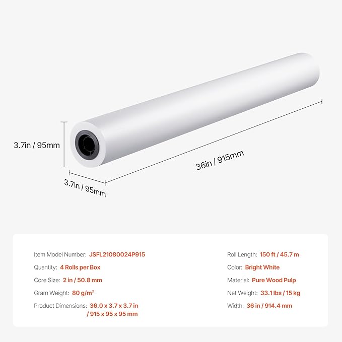 VEVOR Wide Format Paper, 36 in x 150 ft Plotter Paper, 4 Rolls CAD Bond Rolls with 2 in Core, 20 LB Bond Paper Rolls, Idea for CAD Drawings, Engineering Plans, GIS Maps & Architectural Designs