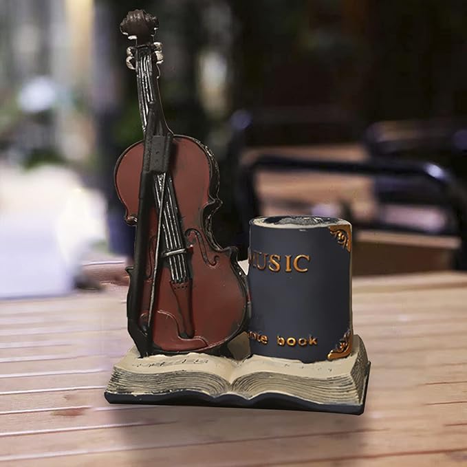 Jaugufiy Resin Violin Sculpture Pen Holder Pencil Holder Pen Organizer Cosmetic Brush Holder Decorative Pen Box Pen Pot Makeup Brush Pot (Blue)
