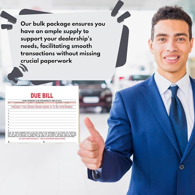 Vehicle Due Bill Form - 3-Part Carbonless Snap-Out 8.5 x 7.75 Car Dealership Service Agreement Forms, Auto Repair Vehicle Documentation Forms NCR - White, Canary, Pink - Pack of 100