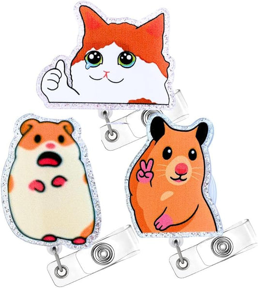 3PC Meme Animals Badge Reels Cute Funny Meme Hamster Crying Cat Cartoon Retractable ID Clip Holder Nurse Accessories Decorative Office Supplies Gifts for RN Healthcare Workers Medical Assistant