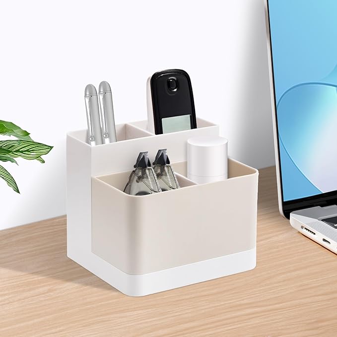 Poeland Desktop Storage Organizer Pencil Card Holder Box Container for Desk, Office Supplies, Vanity Table Tan