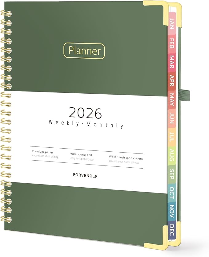 Forvencer 2026 Planner, Hardcover Calendar Planner Weekly and Monthly, Jan 2026 - Dec 2026, 6" x 8", Spiral Agenda Book with Tabs, Exquisite Daily Journal Organizer for Home School, Dark Green