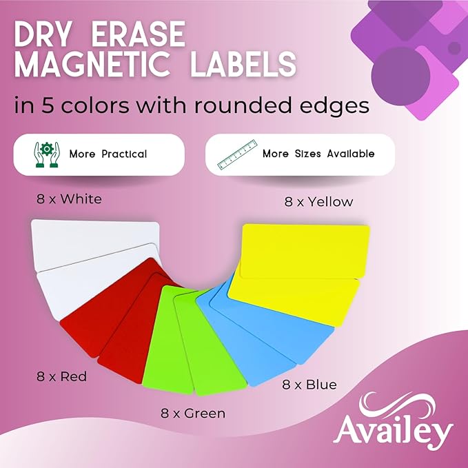 Availey 40 Pieces (4 x 1.8) - Full Colored Magnetic Dry Erase Labels - Reusable Strips for Classroom Home Office Garage Refrigerator Blank Writable Erasable Cards Name Tags Students Locker Shelf