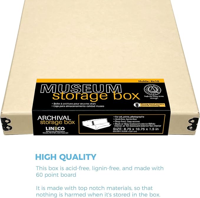 Lineco Museum Storage Box Tan, 8"x10"x1.5", Archival Boxboard, Drop-Front Design with Metal Edge. Organize, Store and Preserve Photographs, Prints, Documents, Art, Ephemera, Family Records, 2 Pack