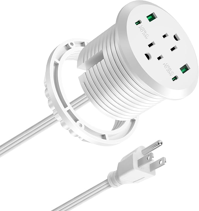 Desktop Power Grommet 3-inch Hole,40W Total Fast Charging Station, 2 PD 20W USB C Port,Flush-Mount Recessed Power Strip, 2 AC Outlets,4 USB Ports,in to The Top of Your Desk,6ft Cord