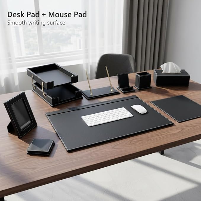RitPin Desk Set, 11-Piece All-in-One – Executive Desk Accessories & Office Supplies, Leather Desk Organizer with Desk Pad & Blotter, 2-Tier Letter Tray, Luxury Office Desk Decor & Boss Gifts (Black)