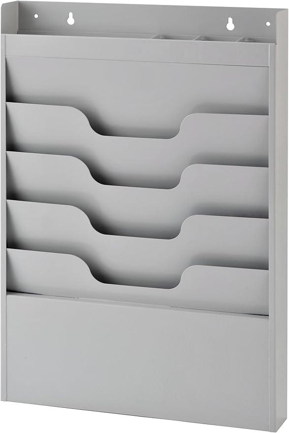 MAXXBUILD 4 Tier Wall Mounted File Organizer, Metal Task Rack for Office Documents, Mail & Folders, Space-Saving Office Wall Organizer, Graywhite 19.5”H