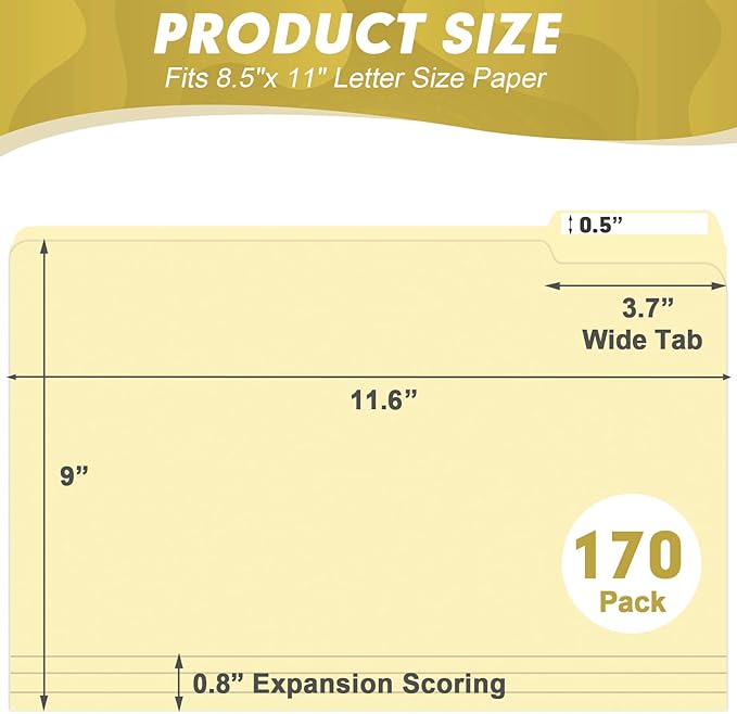 Manila Folders, HERKKA 170 Pack 1/3 Cut Tab File Folders, Manila Folders 8.5 x 11 Designed for Office and Classroom Use, Letter Size