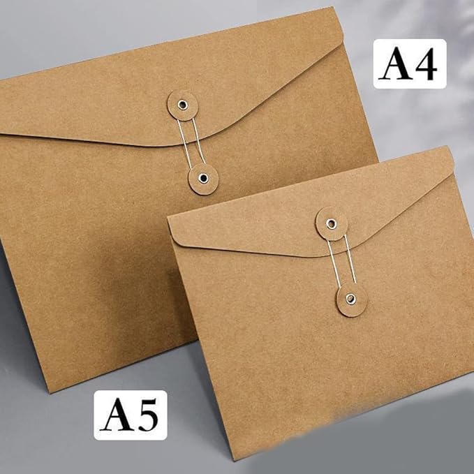 10pcs A4 Kraft Paper Envelopes Portfolio Foolscap File Folders Document Folder with String Fastener Closure Wallet Pockets File Bags Storage Pouch Paperwork Organizer Bag for Office School Home