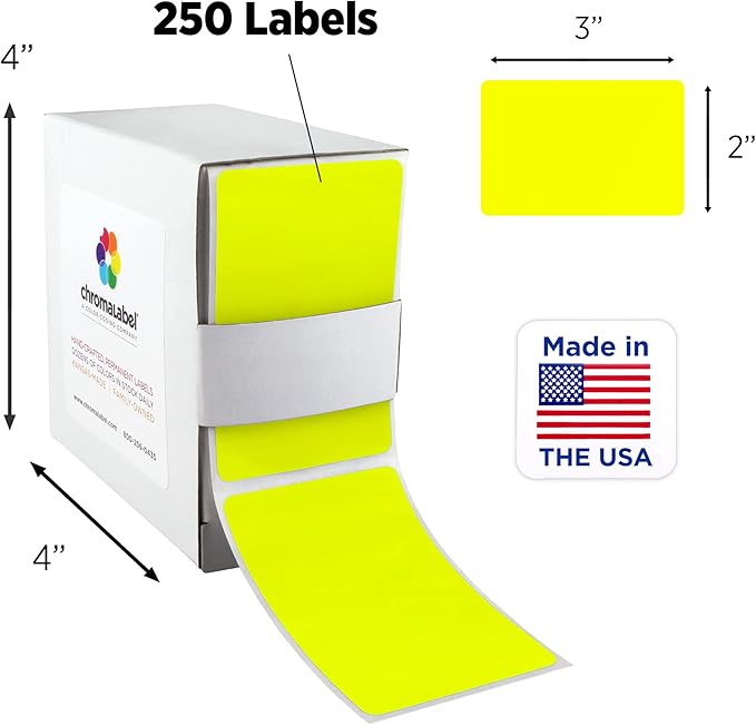 ChromaLabel 2 x 3 inch Permanent Color Code Rectangle Labels, 250 Labels per Dispenser Box, Fluorescent Yellow