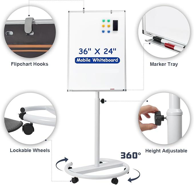 Mobile Whiteboard, 36x24 Inches Standing White Board on Wheels, Portable Magnetic Dry Erase Board with Stand, Height Adjustable Easel Style Rolling Whiteboard for Classroom, Office, Teacher, Home