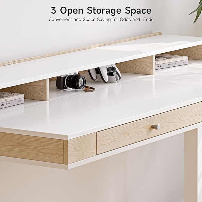 Standing Desk With Drawers, 55x23.6 Inch Electric Stand Up Workstation With Storage Shelf and Memory Controller, Adjustable Height 28-46 Inch for Computer, White