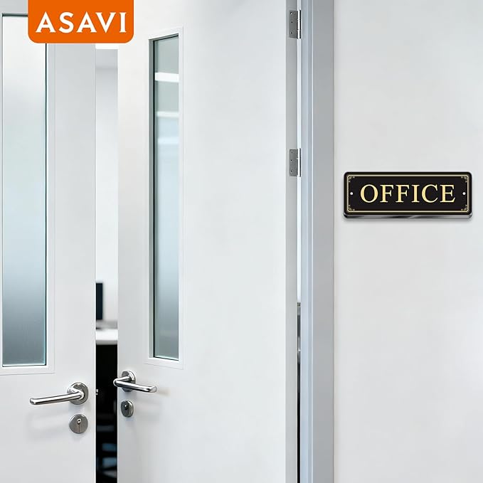 ASAVI “OFFICE” Acrylic Door Sign – Waterproof & Fade-Resistant Office Label with Strong Adhesive + Pre-Drilled Holes (8.7"x3") | Ideal for Doors and Walls in Offices, Lobbies, and Workspaces (Black gold)