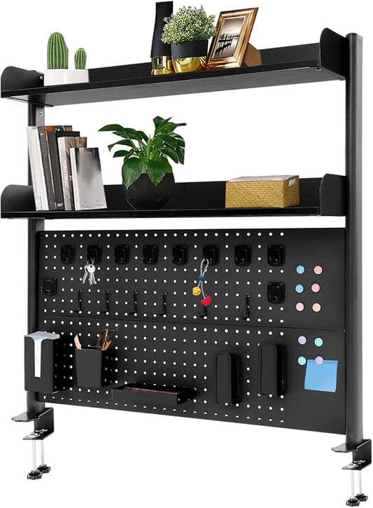 Dlinanta Clamp-On Pegboard Desk Organizer, 2-Tier Clamp On Desk Shelf with Hooks, Office Accessory Organizer for Books, Office Supplies & DIY Storage, 16.5lbs Capacity, 39.37" x 37.4", Black