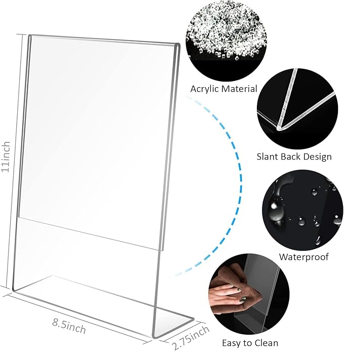 Ludery 8.5x11 Inches Acrylic Sign Slant Back Holder, Plastic Display Stand,Brochure Holder, Table Top Sign Holder For Office, Home, Store, Restaurant(6pack)