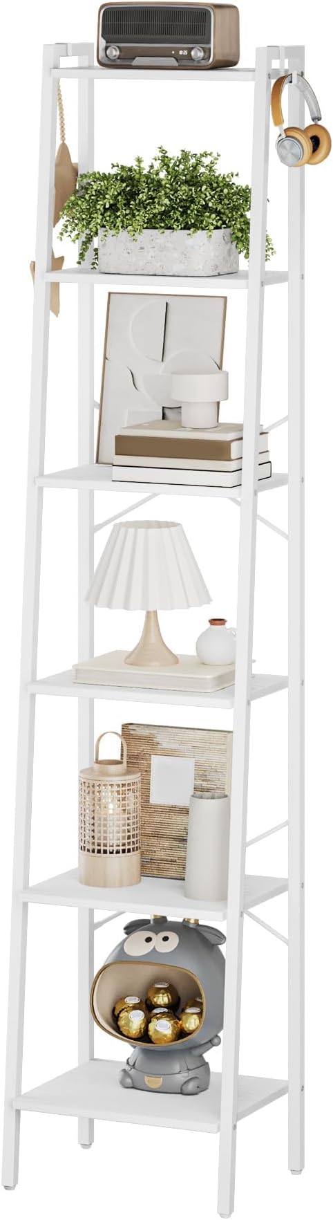 Hzuaneri Ladder Shelf, Bookshelf Bookcase, Freestanding Corner Storage Shelve with 2 Hooks for Home Office, Living Room, Kitchen, Bedroom, Industrial, 6-Tier White BC13313W