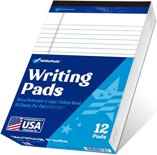 WritePads Legal note pads 5"x8" Legal Pads,College Ruled,White Paper,12 Pack,50 Sheets Per Writing Pad,Micro perforated Writing Pad,BL-SWT50C-12PAD