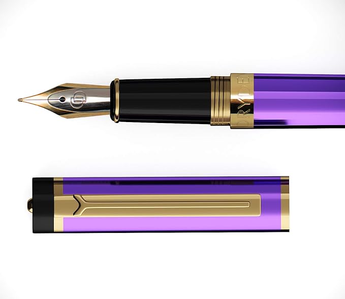 Dryden Designs Fountain Pen - Medium and Fine Nibs | Includes 24 Ink Cartridges and Ink Refill Converter | Consistent Writing, Smooth Look, Left and Right Handed - Decadent Purple.