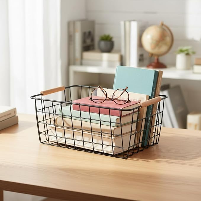 HDYOUDO Metal Black Wire Basket,Food Storage Basket Organizer with Wooden Handles for Organizing,pantry and organizers Kitchen Cabinets Shelf potato onion, 4 Packs-Black