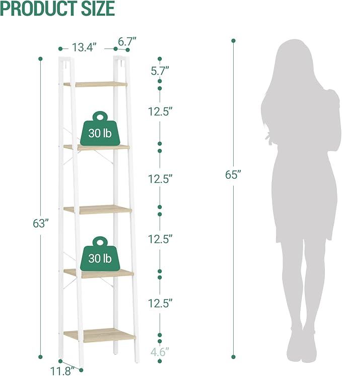 Hzuaneri Ladder Shelf, Bookshelf Bookcase, Freestanding Corner Storage Shelve with 2 Hooks for Home Office, Living Room, Kitchen, Bedroom, Industrial, 11.8" D x 13.4" W x 63" H, White Oak and White