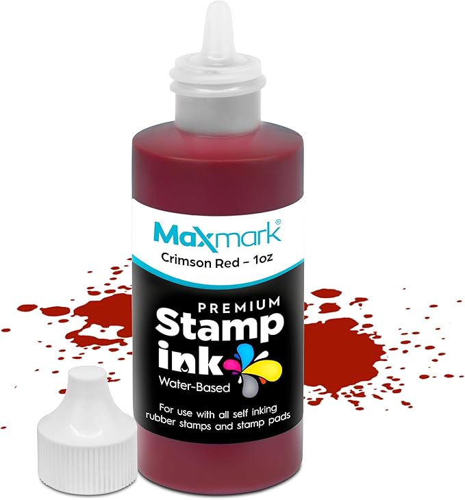 MaxMark Premium Refill Ink with Control Tip Bottle for Self-Inking Stamps, Crimson Red Color - 1 oz.