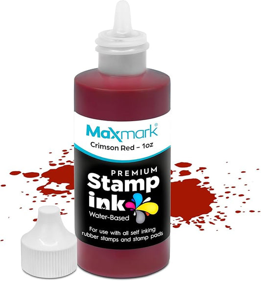 MaxMark Premium Refill Ink with Control Tip Bottle for Self-Inking Stamps, Crimson Red Color - 1 oz.