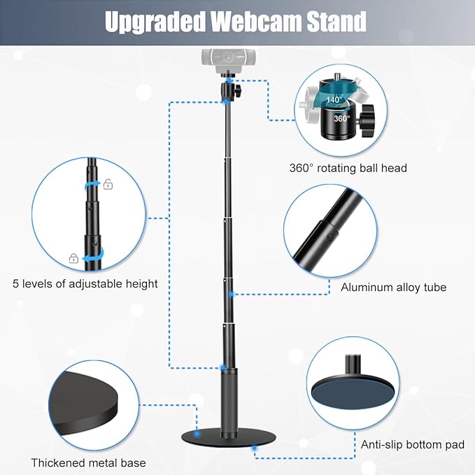 JCWINY Webcam Stand, 28 Inch Web Cam Stand for Desk, Adjustable Webcam Mount Camera Stand for Logitech Webcam C922 C930e C920S C920 C615 C960 C920x BRIO 4K NexiGo N60 and Others