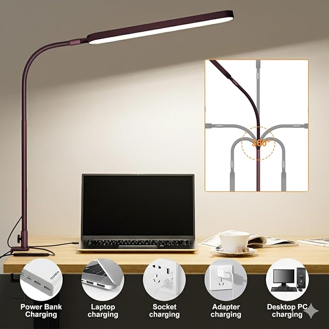 SKYLEO LED Desk Lamp - Desk Light for Home Office - Flexible Gooseneck - 5 Color Modes X 11 Brightness Levels - 1300LM - Timmer & Memory Function - 12W Clip on Light - Red