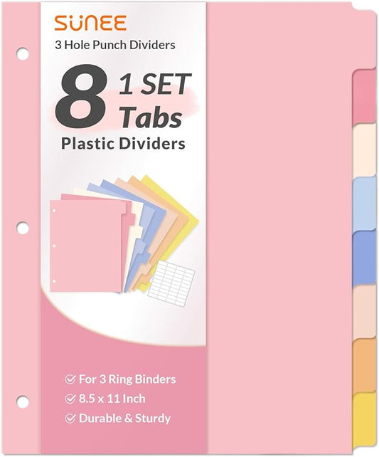 SUNEE 8 Tab Binder Dividers,Plastic Dividers for 3 Ring Binder,3 Ring Binder Dividers with Tabs for School Office Home Supplies,Pastel Color, 1 Set