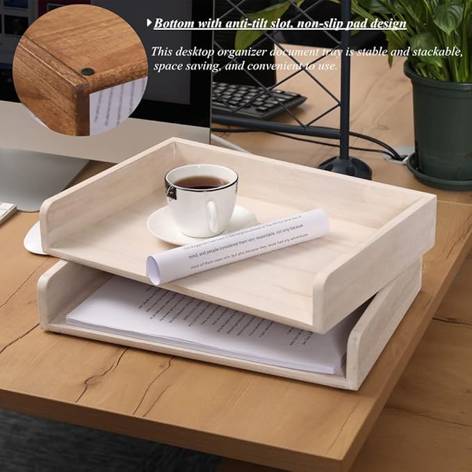DDYURI Stackable Letter Tray 2 Pack - Wood Desk File Trays Letter/A4 Paper Organizer Shelf - Wooden Document Shelf Desktop Folder Rack Organization for Office Storage White(2CTP-WH)