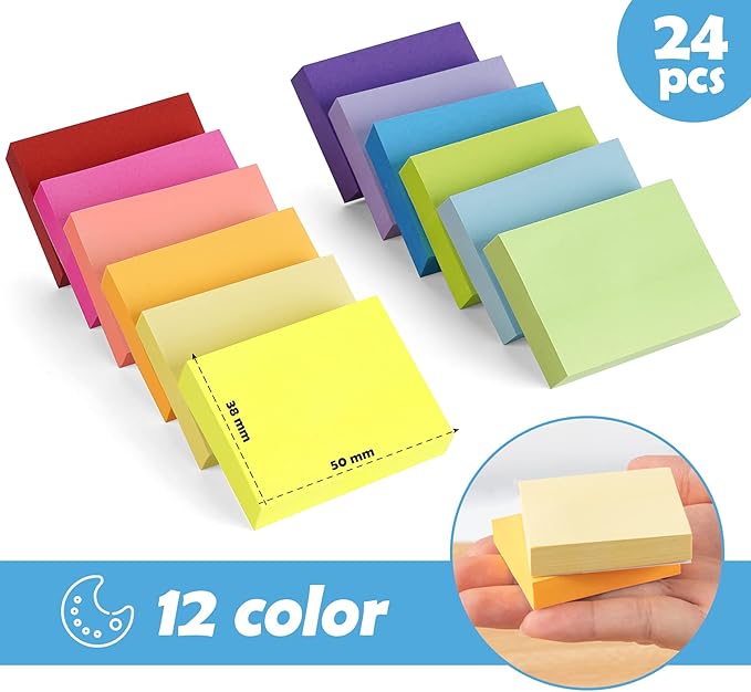 Agoer 2400 pcs Small Sticky Notes,2 x 1.5 Colored Notes Pads,24 Pack Bright Colors Self-Stick Notes,Super Adhesive Sticky Notes,Mini Post Stickies for Office Home School (12 Colours)