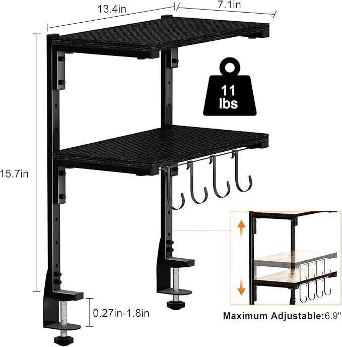 AUATRONNE Clamp-on Desk Shelf, 13 inch Above or Below Desk 2-Tier Shelving, Adjustable Metal Storage Tray for Gaming Devices or Office Desk Accessories and More, Black, Patent Pending