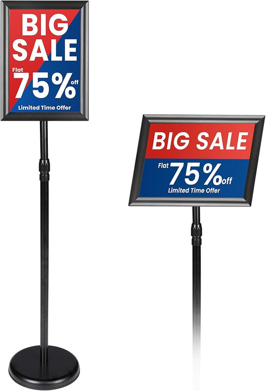 Banzoni Standing Sign Holder | Adjustable Pedestal Signage Stand for 8.5x11 Posters | Heavy Duty Floor Display Stand with Non-Slip Weighted Base | Vertical and Horizontal View Menu Stand for Business
