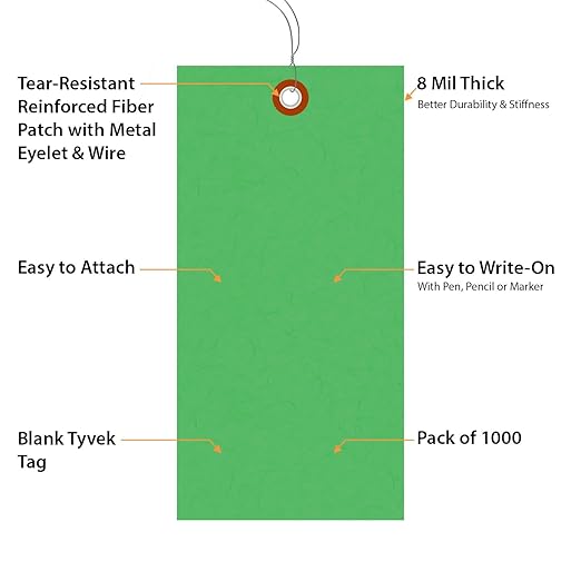 SmartSign (Pack of 1000) 6.25 x 3.125 inch “Green” Blank Tyvek Shipping Tags with Wire, Size #8, 8 mil Thick Tyvek