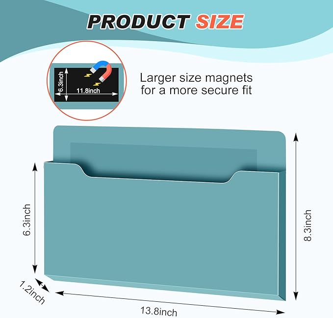 Feifeiya Magnetic Pocket File Holder Large File Folder Organizer Paper Mail Letters Holder Wall Hanging Office Supplies for Refrigerator Whiteboard Cabinets(13.8 x 8.3 Inch,Horizontal,Haze Blue)