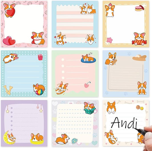 Lovarywow Corgi Sticky Notes Gifts - 9Pack Cute Sticky Notes 3x3 Cartoon Corgi Gifts for Corgi Lovers Corgi Notepads Funny Dog Post Pads for Women Office School Supplies 450 Sheets