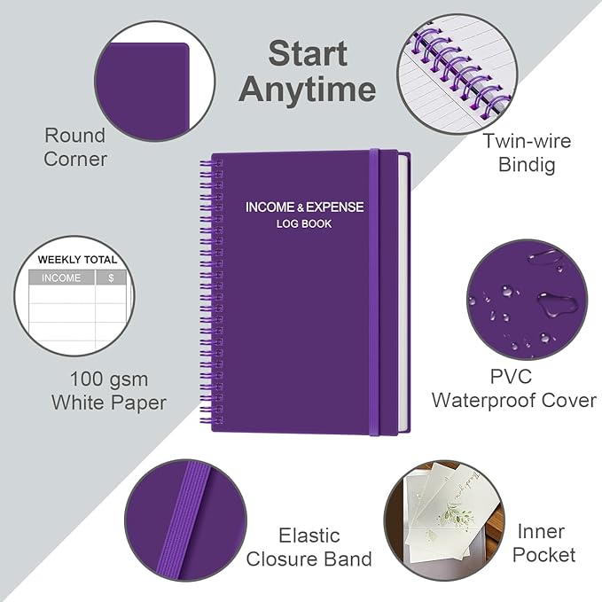 Heveboik Income & Expense Log Book - A5 Income and Expense Tracker for Small Business, Accounting Bookkeeping Tracking for Woman and Man, 5.8" x 8.3", Purple