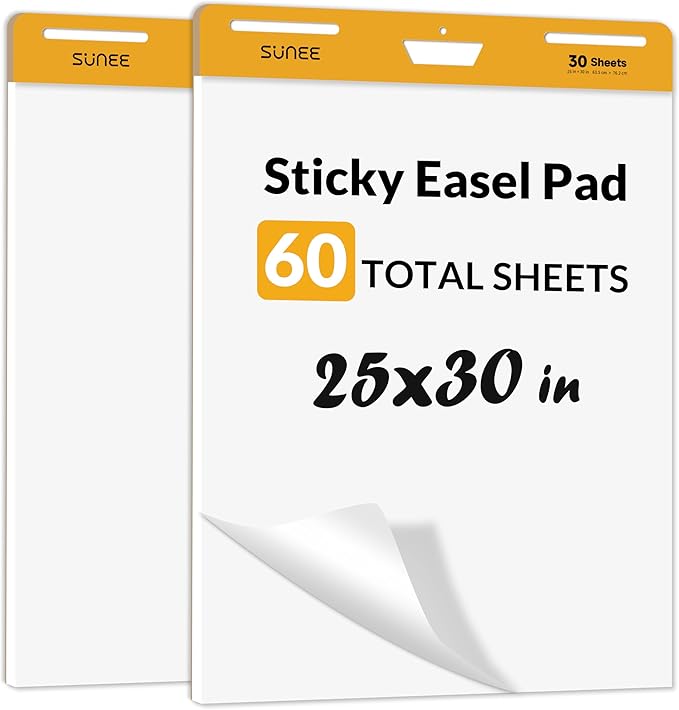 SUNEE Sticky Easel Pads, 25x30 Inches, 30 Sheets/Pad, 2 Pack – Self Stick Flip Chart Paper for Whiteboards, Premium Large White Chart Paper