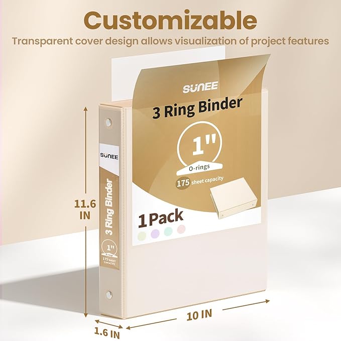 SUNEE 3 Ring Binder 1 Inch 1 Pack, Clear View Binder Three Ring PVC-Free (Fit 8.5x11 Inches) for School or Office Supplies, Gray-Brown