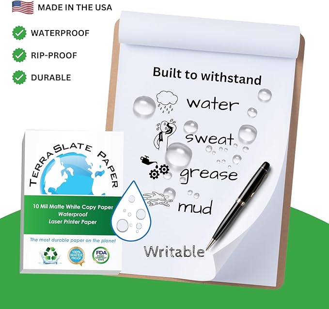 TerraSlate Printable Waterproof Paper for Laser Printer, 10 MIL 8.5" x 14", 50 Sheets, Matte White Printer Paper, Rip-Resistant, Weather/Rain Proof Copy Paper