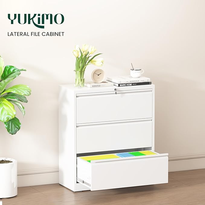 3 Drawer Lateral File Cabinet with Lock, Metal File Cabinets for Home Office, Office Furniture for Organization Hanging Legal/Letter/A4, Metal Filing Cabinet Storage Cabinet, Require Assembly, White