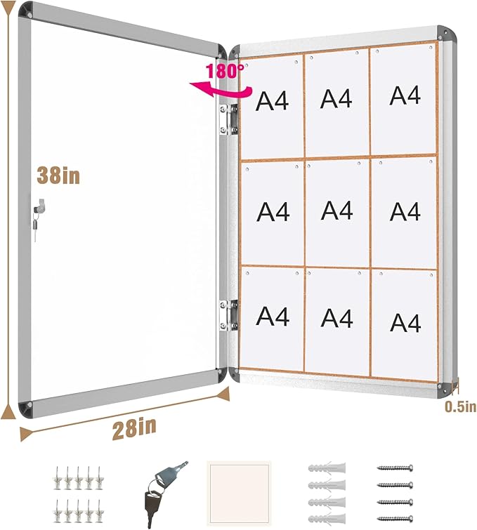 Mifuro 38"x28" Enclosed Bulletin Board, Lockable Weather-Resistant Aluminum Cork Noticeboard for School & Office, Silver Frame w/Cork
