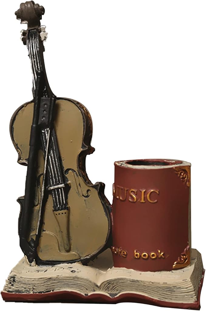 Jaugufiy Resin Violin Sculpture Pen Holder Pencil Holder Pen Organizer Cosmetic Brush Holder Decorative Pen Box Pen Pot Makeup Brush Pot (Red)