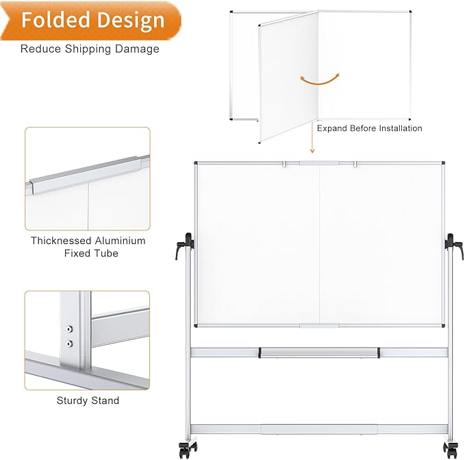 VIZ-PRO Double-Sided Mobile Whiteboard, 60 x 48 Inches, Magnetic Rolling Dry Erase White Board on Wheels with Aluminium Frame and Stand 5' x 4'