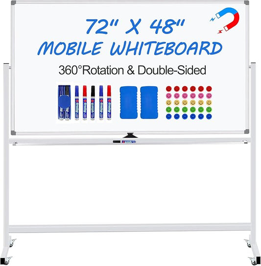 Max-officoo Magnetic White Board Dry Erase Whiteboard with Rolling Stand 72"x48" Double-Sided Mobile Large White Board on Wheels, Including 3 Magnetic Erasers, 7 Markers, 30 Magnets