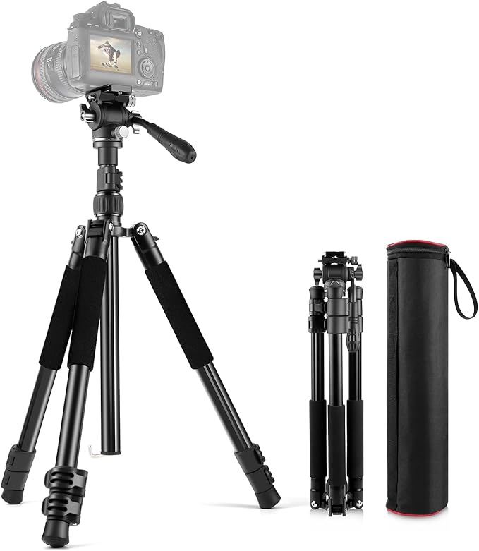 PULUZ 64"/164cm Video Tripod, Metal Camera Tripod with 360°Fluid Drag Head, Quick Release Plate Compatible with Canon Nikon Sony and Other DSLR Camera Camcorder for Photography/Videography