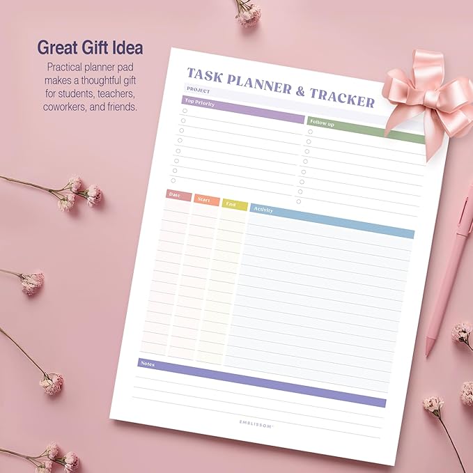 Task Planner & Tracker 8.5 x 11 Tear-Off 70 Sheet Planner Pad – Project Organizer with Time Log, Top Priority, Follow-Up – Notepad for Home & Office (White, Colorful, 2 Pack)