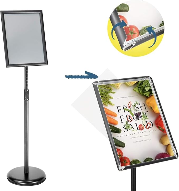SENZHIYI Adjustable Poster Stand Holder 11x17 Inch, 360 Degree Rotation, Heavy Duty Snap Open Aluminum Pedestal Floor Standing Sign Holder Vertical and Horizontal View Sign Displayed (2PACK)