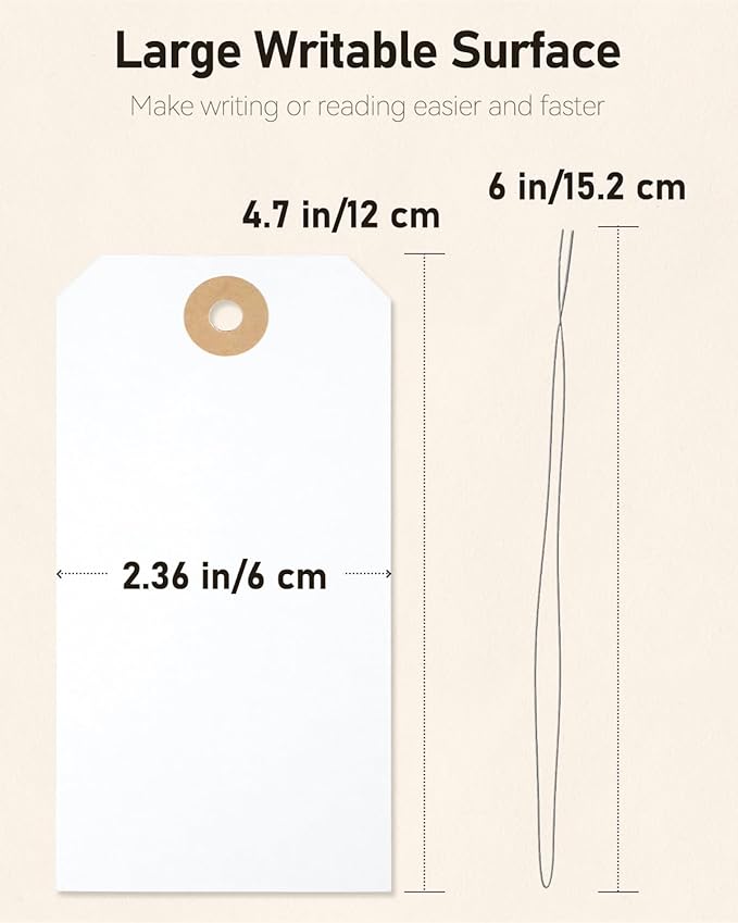 Uniclife 100 Pcs Manila Tags White Blank Shipping Tags with Wire Attached 4.7 Inch Paper Hang Tag with Reinforced Eyelet Large Marking Writable Price Label Tag, 4.7" x 2 3/8"