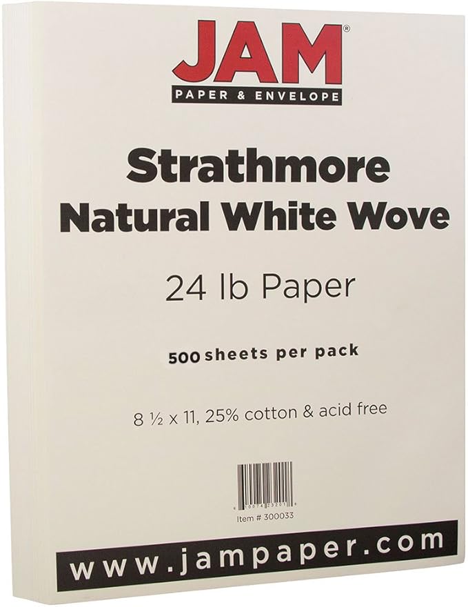 JAM PAPER Strathmore 24lb Paper - 90 gsm - 8.5 x 11 - Natural White Wove - 500 Sheets/Ream